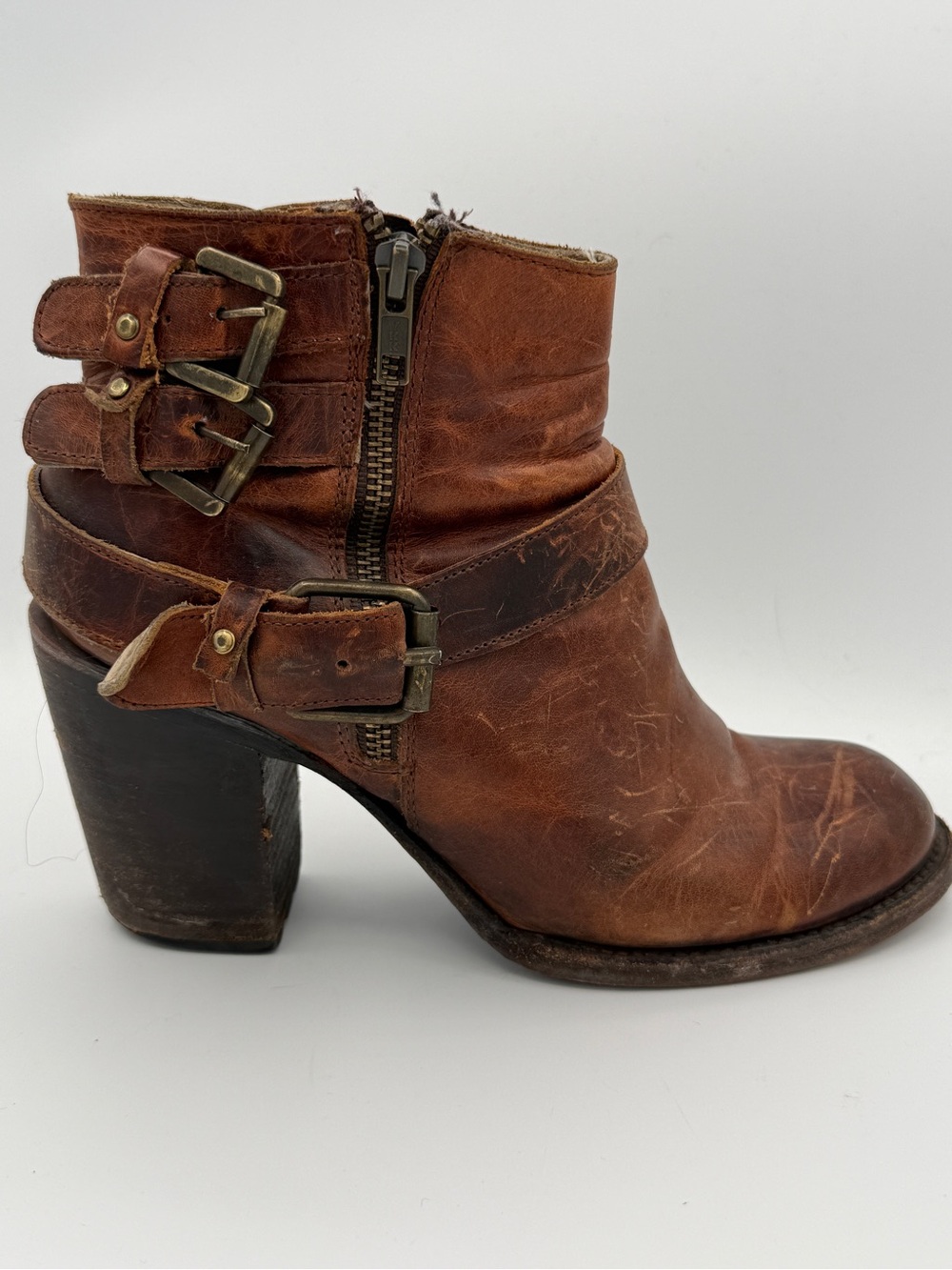 Freebird by Steven Bolo Leather Buckles Distressed Leather Boho Edgy Ankle Boots